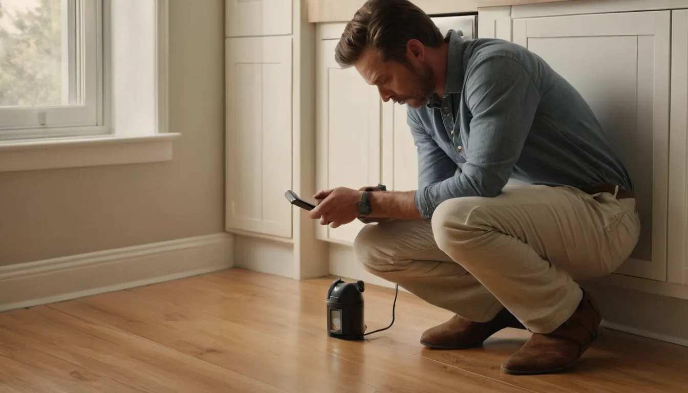 Homeowner checking a kitchen baseboard for ant trails with a flashlight in the Tampa area