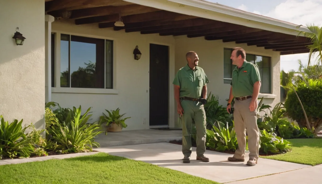 Friendly pest control provider talking with a homeowner at the front door of a concrete block home in Tampa